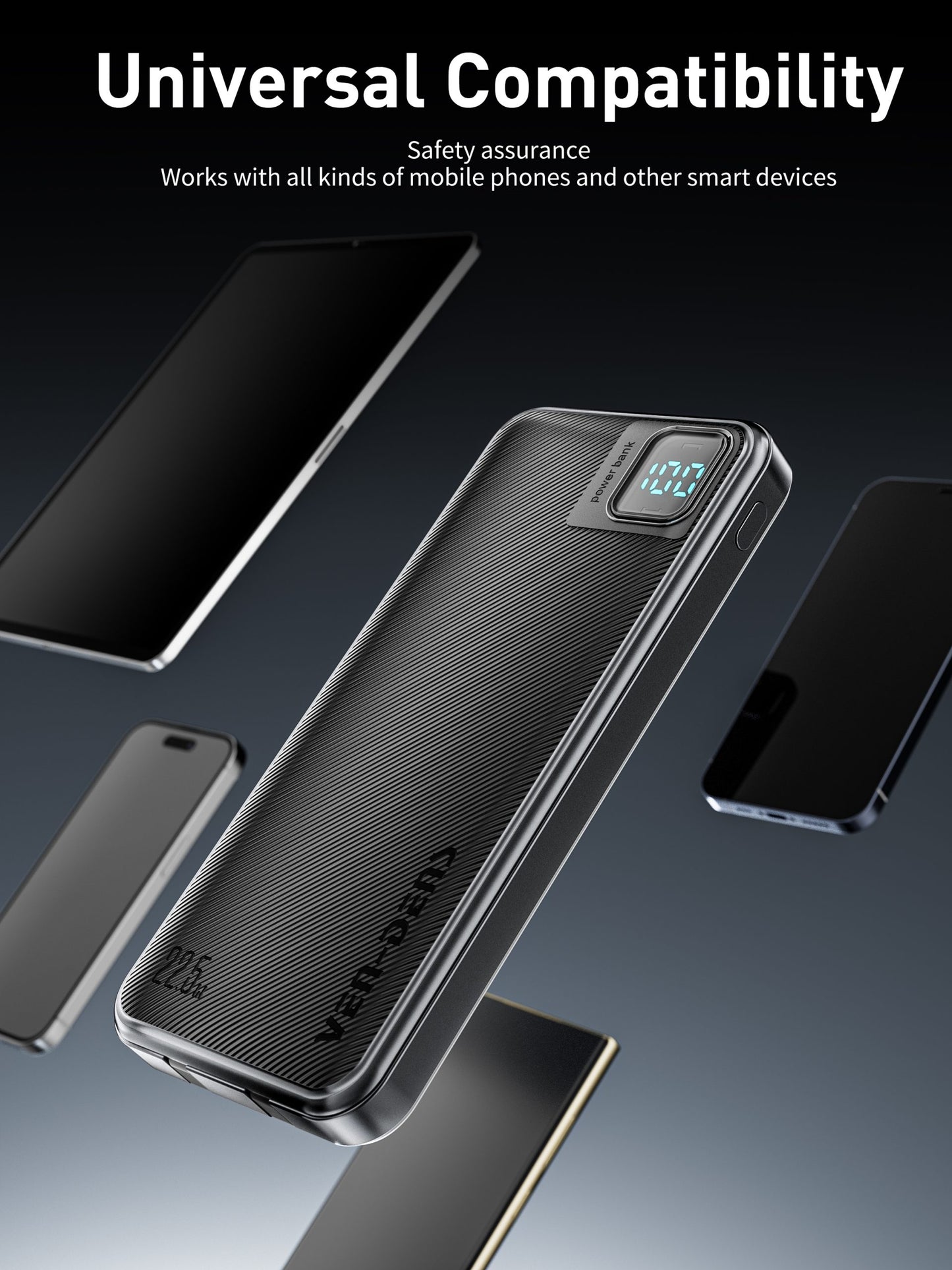 VD-PB061 Toptan fiyatla, telefonlar için Type-C/IP kablolu, dijital ekranlı, yüksek kaliteli 20000mAh Power Bank.