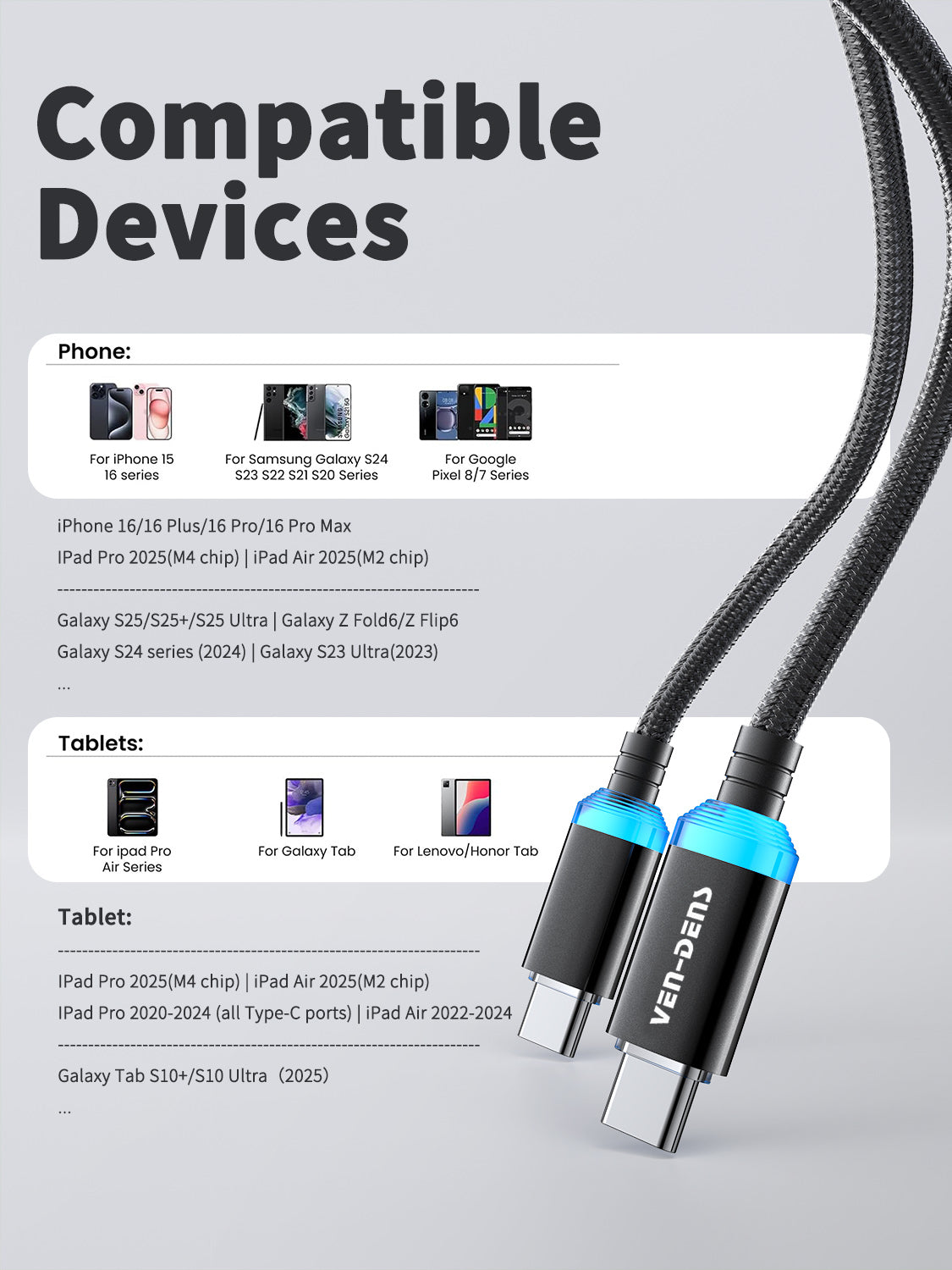 Vendens VD-DC04CC Type-C to Type-C 60W PD Hızlı Şarj ve Data Kablosu - 1 Metre, Alüminyum Örgü