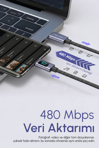 Vendens VD-DCN05 USB-C'den USB-C'ye 60W Dijital Ekranlı Örgülü Type C Hızlı Şarj Kablosu 1.2m