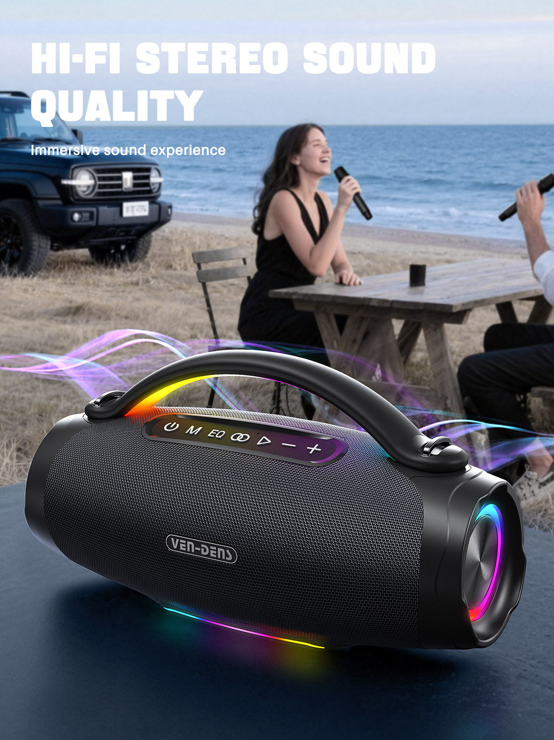 Vendens Taşınabilir Bluetooth Hoparlör 24000mAh Pil, LED Işık, 240W, 20 Saat Çalışma Süresi - Siyah