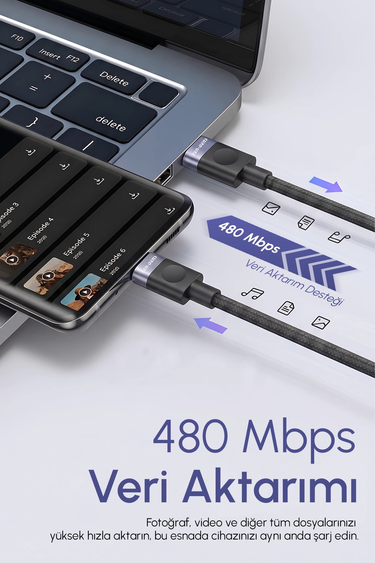 Vendens VD-DCM04 27W iPhone Uyumlu Lightning Hızlı Şarj ve Veri Kablosu