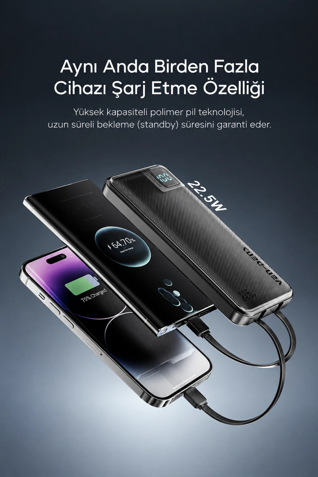 Vendens VD-PB061 20000mAh Dahili Kablolu Powerbank | 22.5W Hızlı Şarj & Dijital Ekran