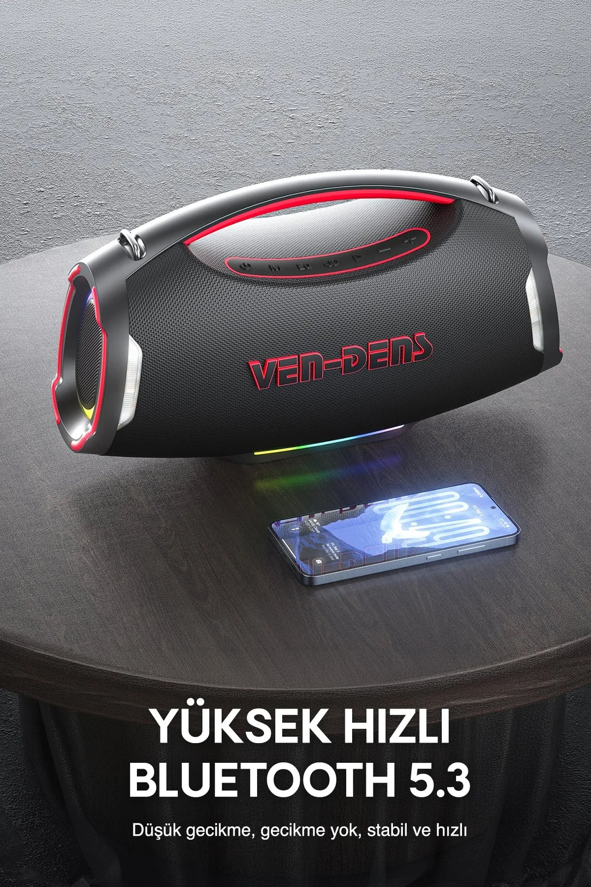 Vendens VD-SPK027S Taşınabilir Bluetooth Hoparlör, 12000mAh Pil, Kablosuz Mikrofonlu, 20 Saat Kullanım, Bluetooth 5.3, Parti ve Karaoke Ses Sistemi