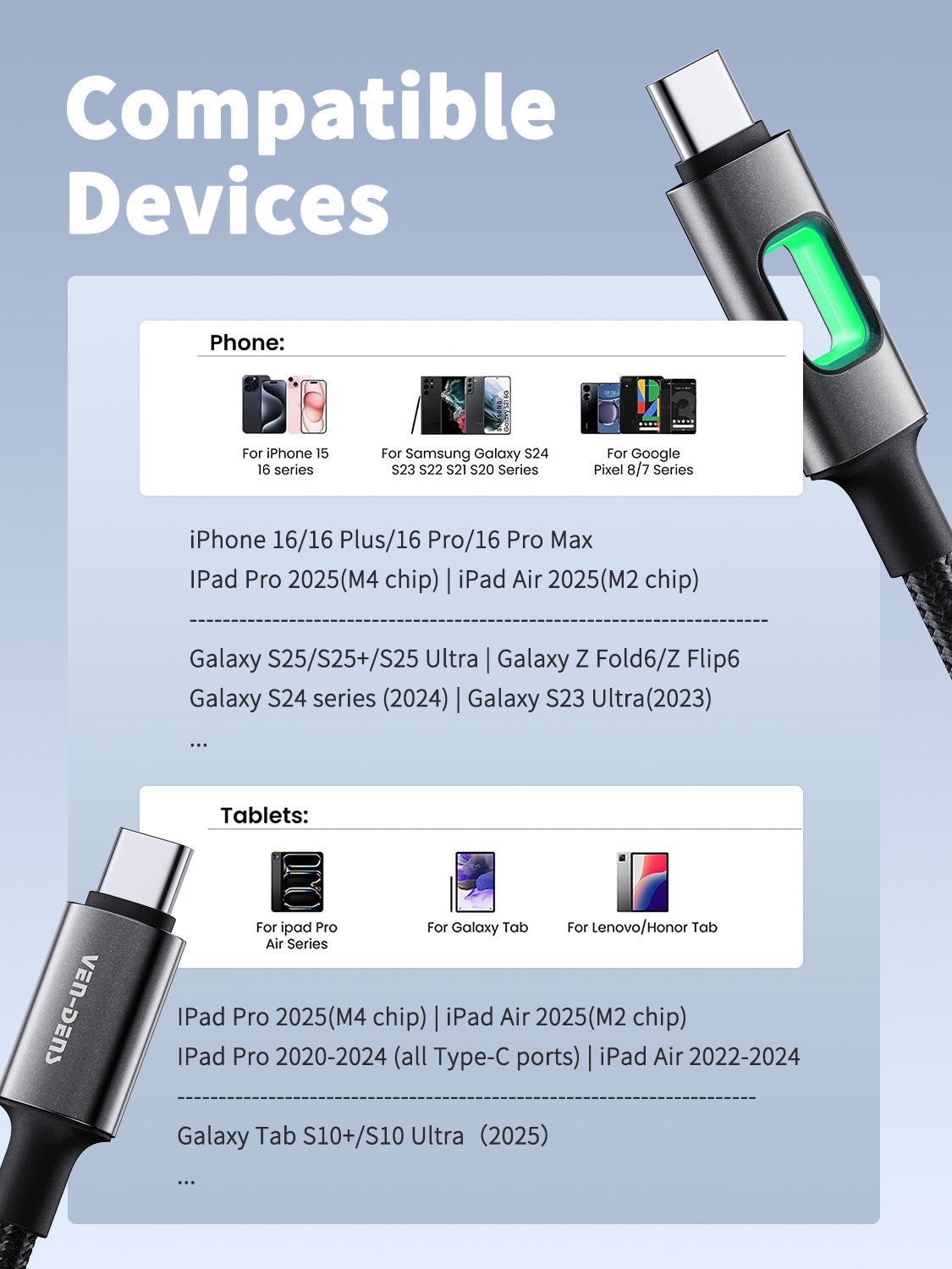 Vendens VD-DC12CC Type-C to Type-C 60W PD Hızlı Şarj ve Data Kablosu - 1 Metre Alüminyum Örgülü