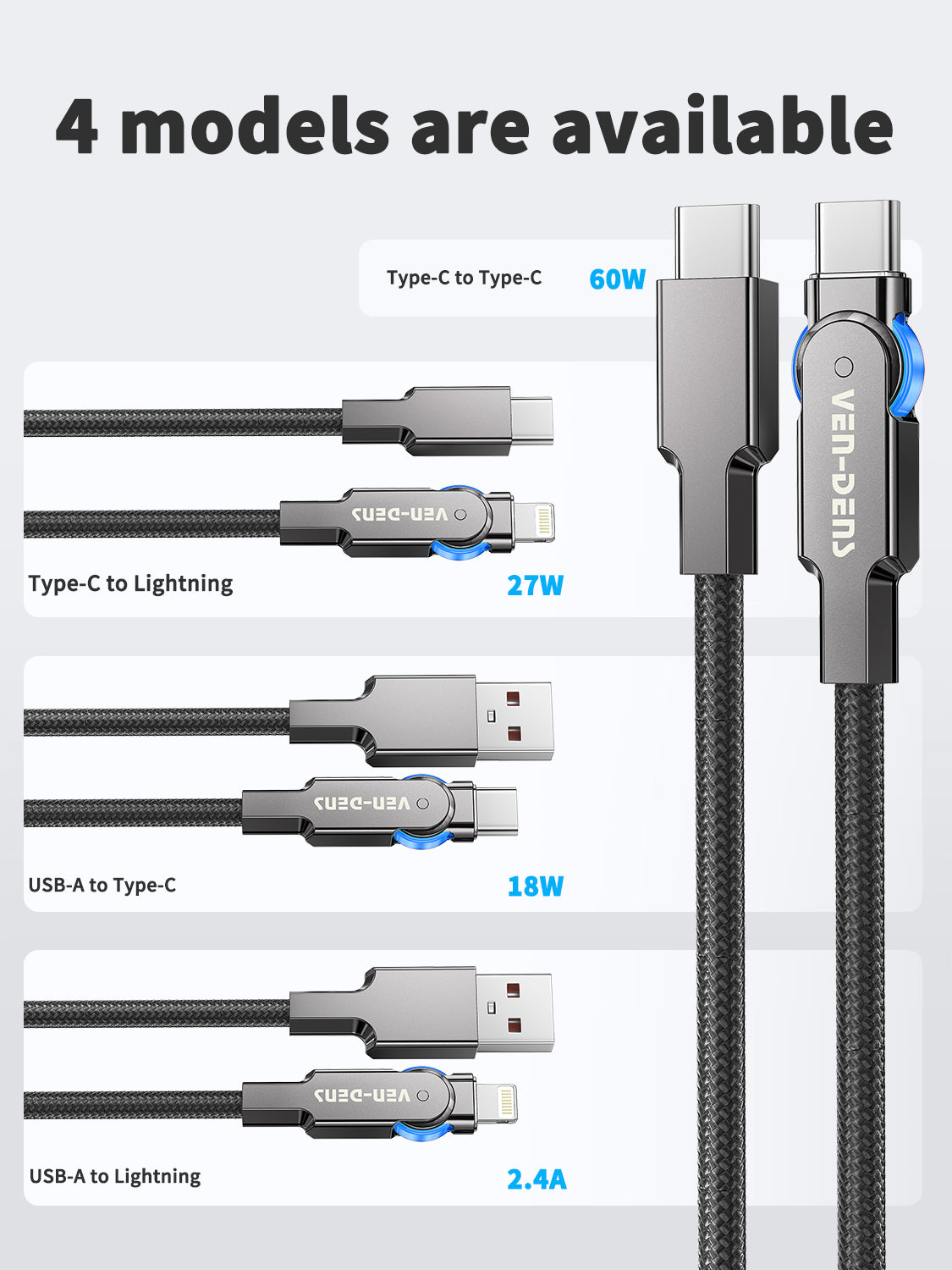 VD-DC03CC Toptan Fiyat Evrensel 1M siyah USB C - USB C 60W çinko alaşımlı örgülü hızlı şarj veri kablosu