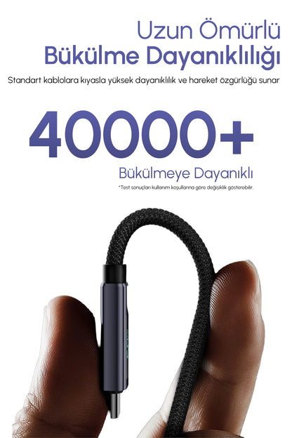 Vendens VD-DCN05 USB-C'den USB-C'ye 60W Dijital Ekranlı Örgülü Type C Hızlı Şarj Kablosu 1.2m
