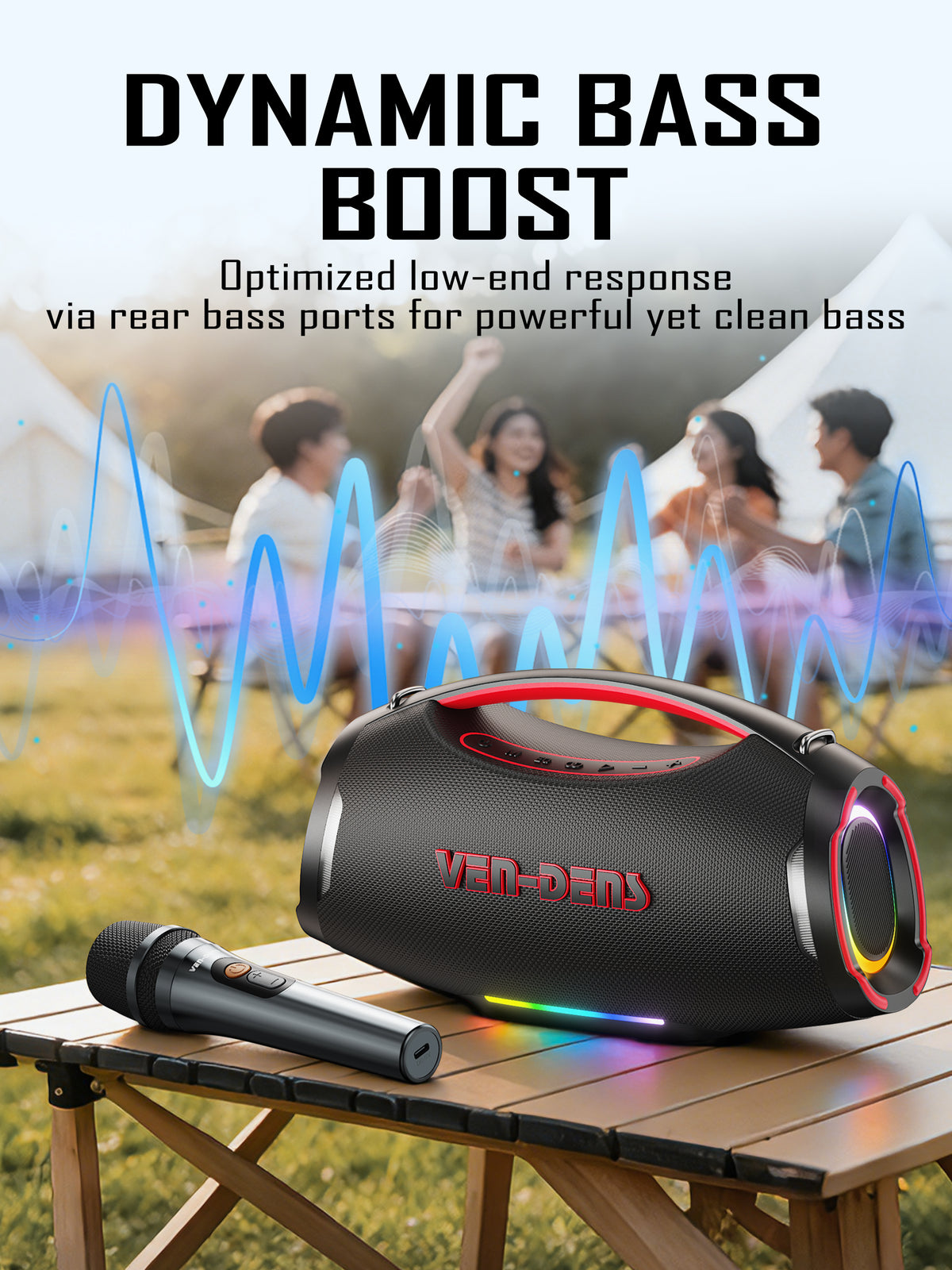 Vendens Taşınabilir Bluetooth Hoparlör 12000mAh Pil Mikrofonlu - Açık Hava Parti ve Ev Kullanımı