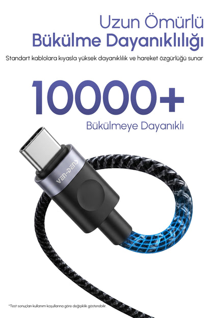 Vendens VD-DCM03 USB-A'dan USB-C'ye Örgülü 18W Type C Şarj Kablosu 1m, 2m, 3m