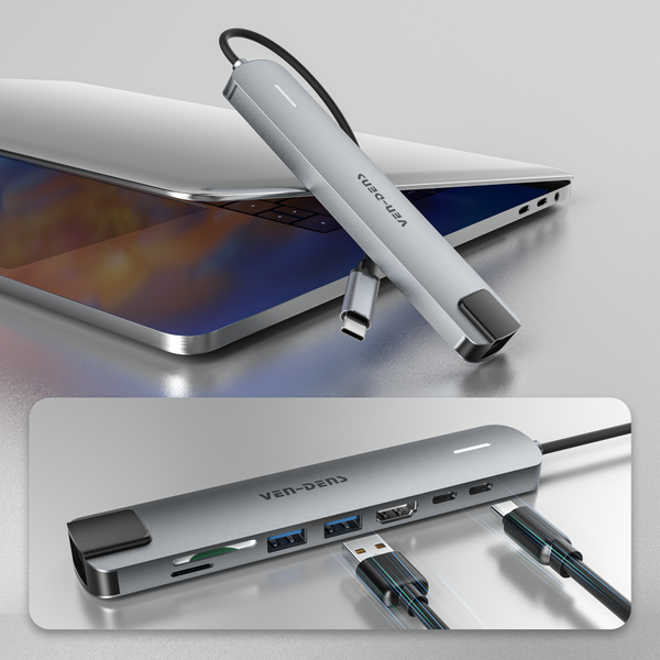 Vendens 8'i 1 Arada USB-C Hub - Çok Fonksiyonlu Adaptör (HDMI, USB, PD, RJ45)