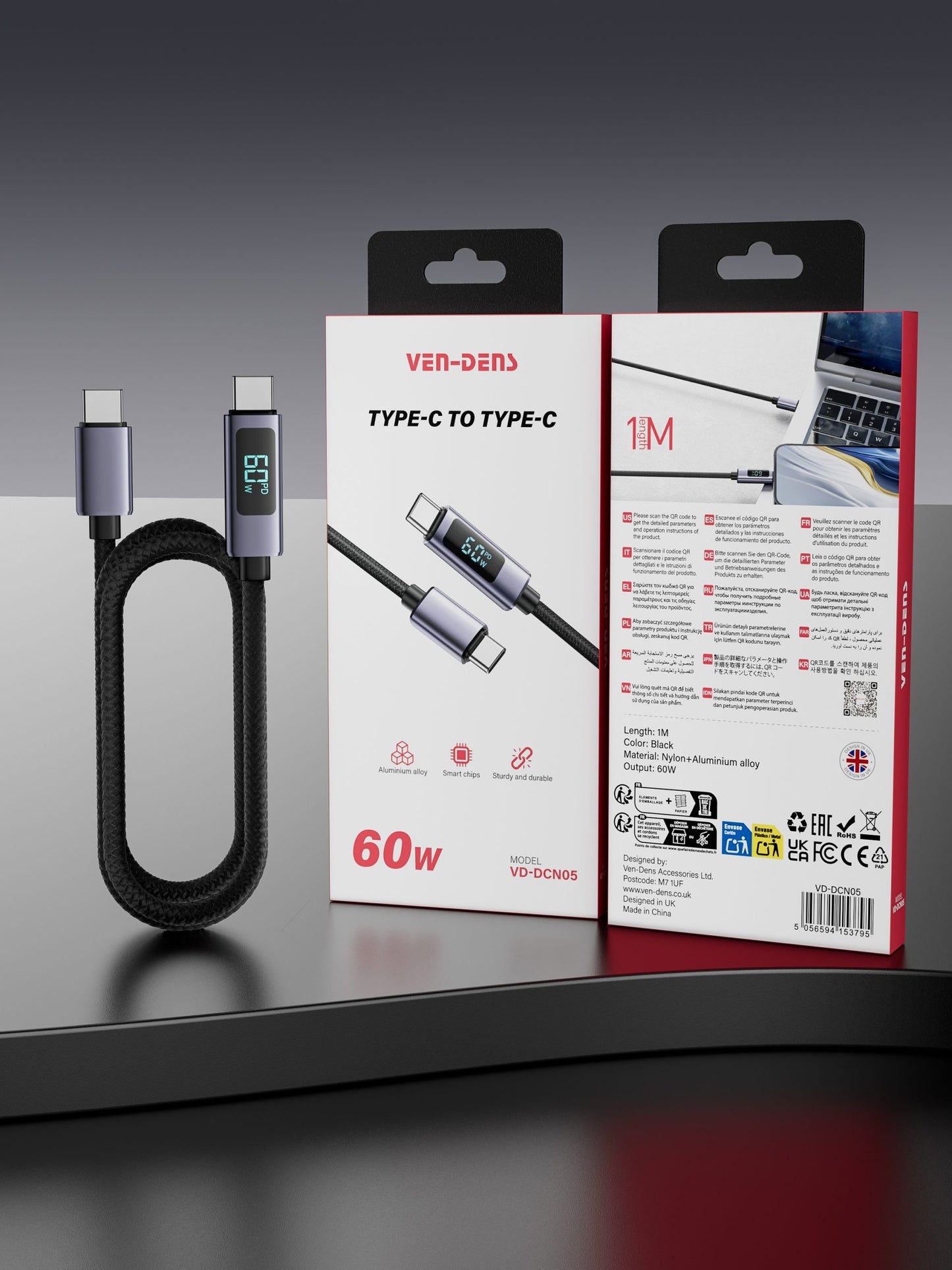 VD-DCN04 27W USB-C - Lightning 1M siyah naylon+alüminyum alaşımlı veri kablosu