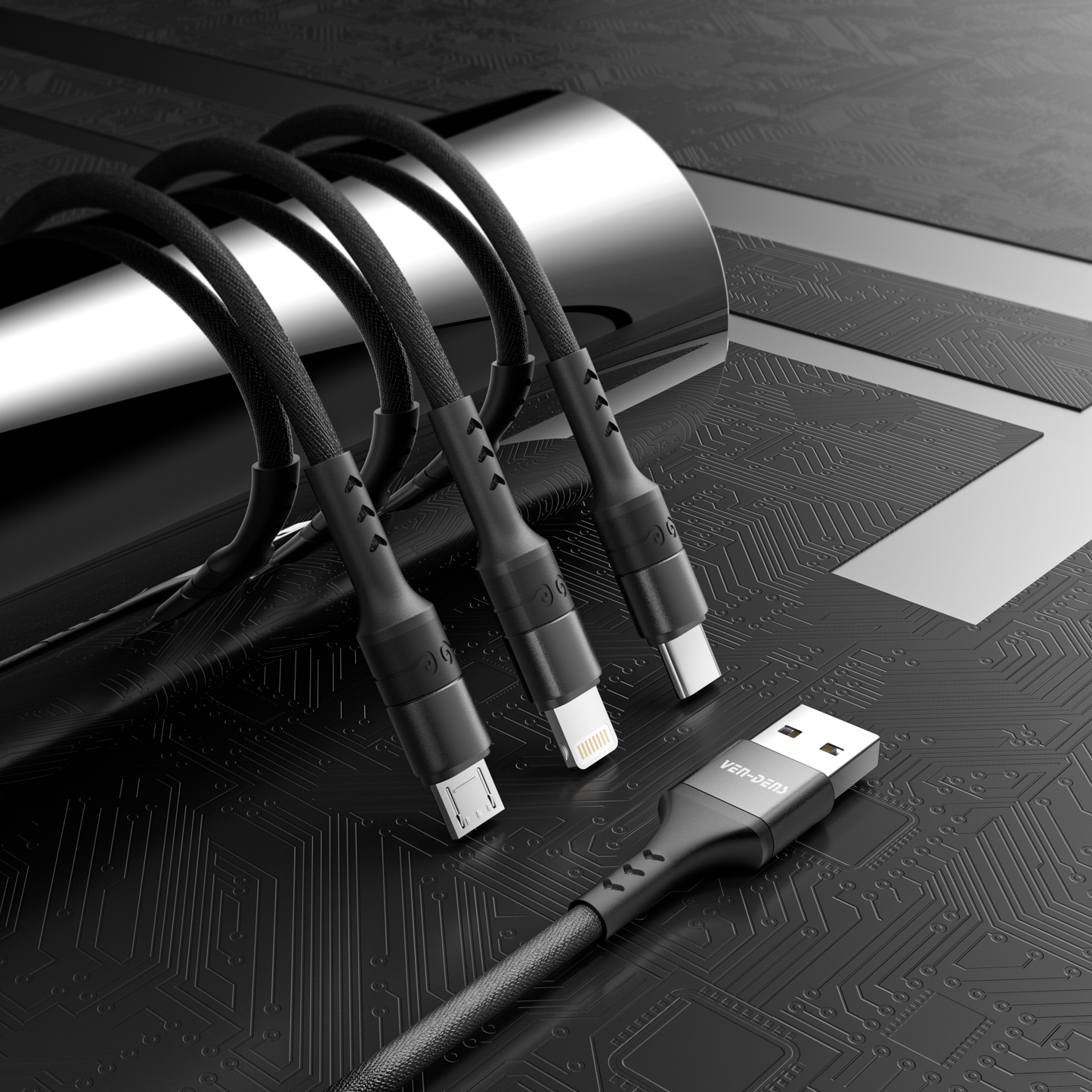 Ven-Dens VD-DCA01 3'ü 1 Arada Hızlı Şarj ve Data Kablosu - Type-C & Micro USB Uçlu Dayanıklı Naylon Örgü 1.2m