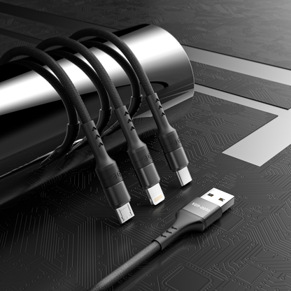 Ven-Dens VD-DCA01 3'ü 1 Arada Hızlı Şarj ve Data Kablosu - Type-C & Micro USB Uçlu Dayanıklı Naylon Örgü 1.2m