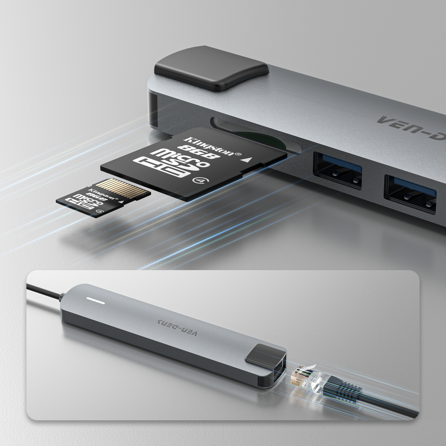 Vendens 8'i 1 Arada USB-C Hub - Çok Fonksiyonlu Adaptör (HDMI, USB, PD, RJ45)