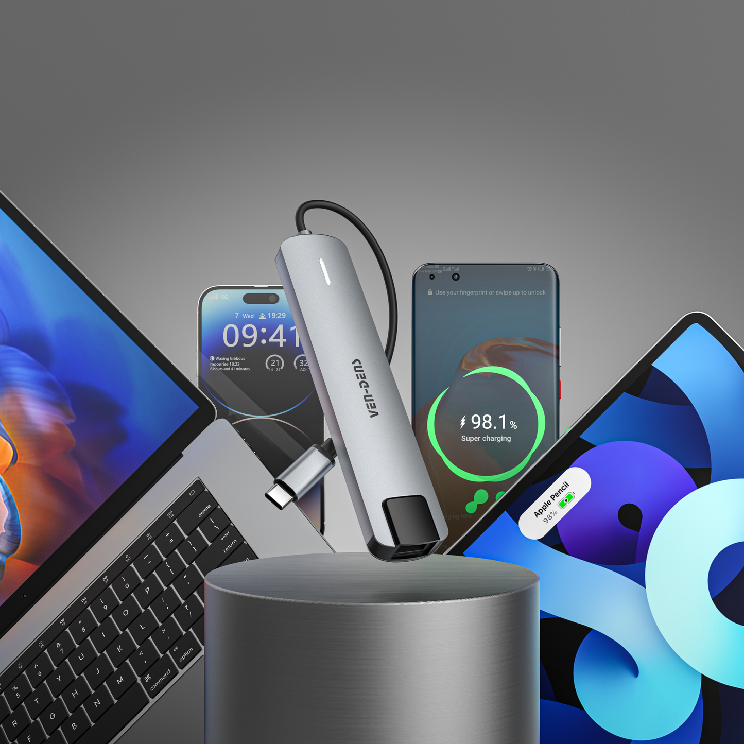 Vendens 8'i 1 Arada USB-C Hub - Çok Fonksiyonlu Adaptör (HDMI, USB, PD, RJ45)