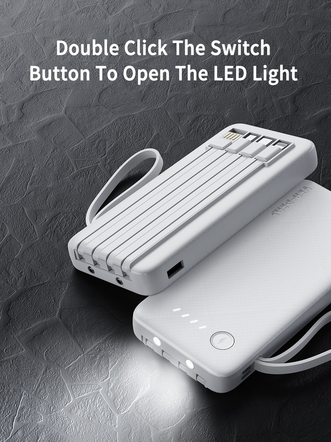 VD-PB058 Toptan fiyatla, yüksek kaliteli 10000mAh LED ışıklı, USB/Type-C/IP/Micro kablolu telefonlar için taşınabilir şarj cihazı.