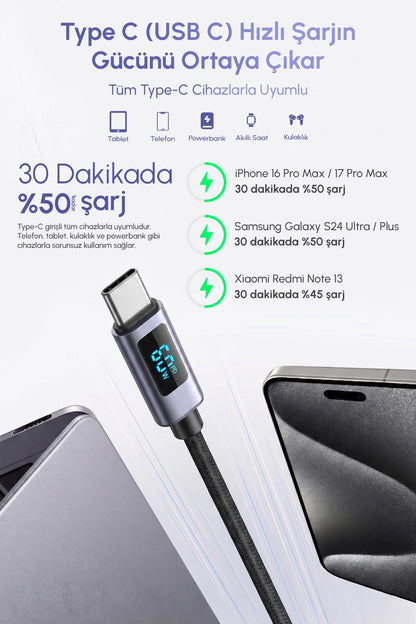 Vendens VD-DCN05 USB-C'den USB-C'ye 60W Dijital Ekranlı Örgülü Type C Hızlı Şarj Kablosu 1.2m