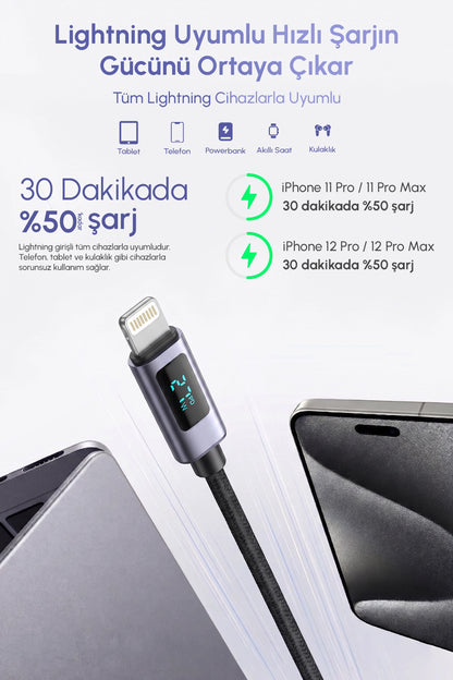 Vendens VD-DCN04 Dijital Göstergeli 27W Type-C to Lightning Hızlı Şarj Kablosu, 1 Metre