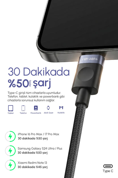 Vendens VD-DCM05 USB-C'den USB-C'ye Örgülü 60W Hızlı Şarj Destekli Type C Kablo 1m, 2m, 3m
