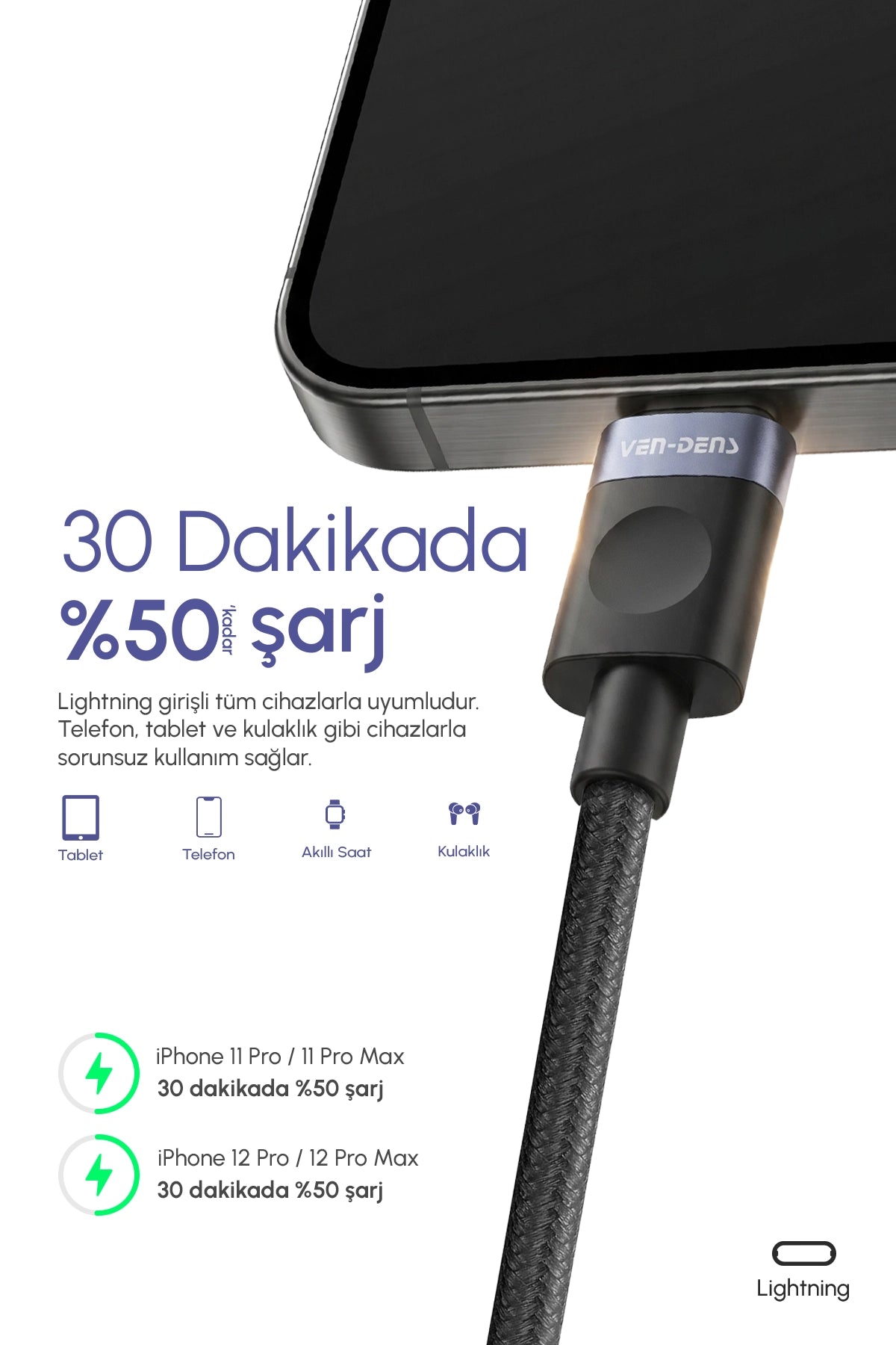Vendens VD-DCM04 27W iPhone Uyumlu Lightning Hızlı Şarj ve Veri Kablosu