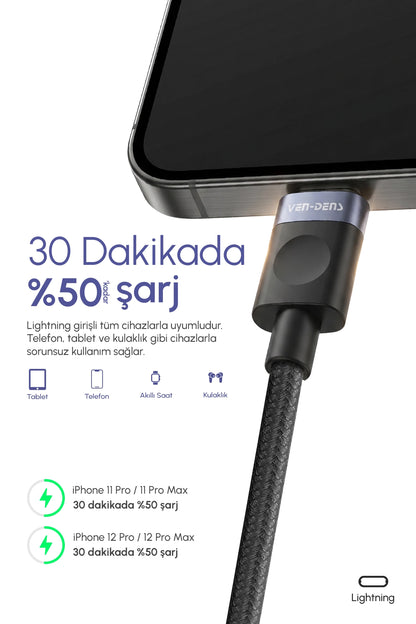 Vendens VD-DCM04 27W iPhone Uyumlu Lightning Hızlı Şarj ve Veri Kablosu