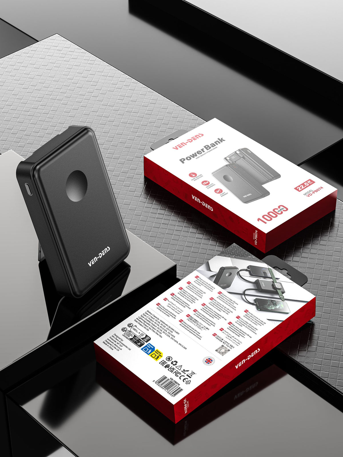 Vendens 10000mAh 15W Kablosuz Hızlı Şarj Powerbank Siyah - Taşınabilir Yüksek Kapasiteli Batarya