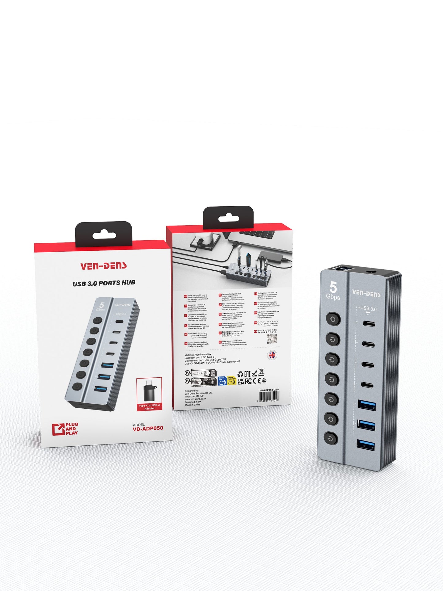 Vendens 7 Portlu USB Hub 3x USB-A + 4x USB-C Çıkışlı, 5Gbps Hızlı Veri Aktarımı, Alüminyum Alaşım