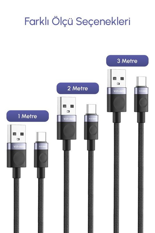 Vendens VD-DCM03 18W USB-A to Type-C Hızlı Şarj Kablosu, Örgülü, Veri Aktarımlı