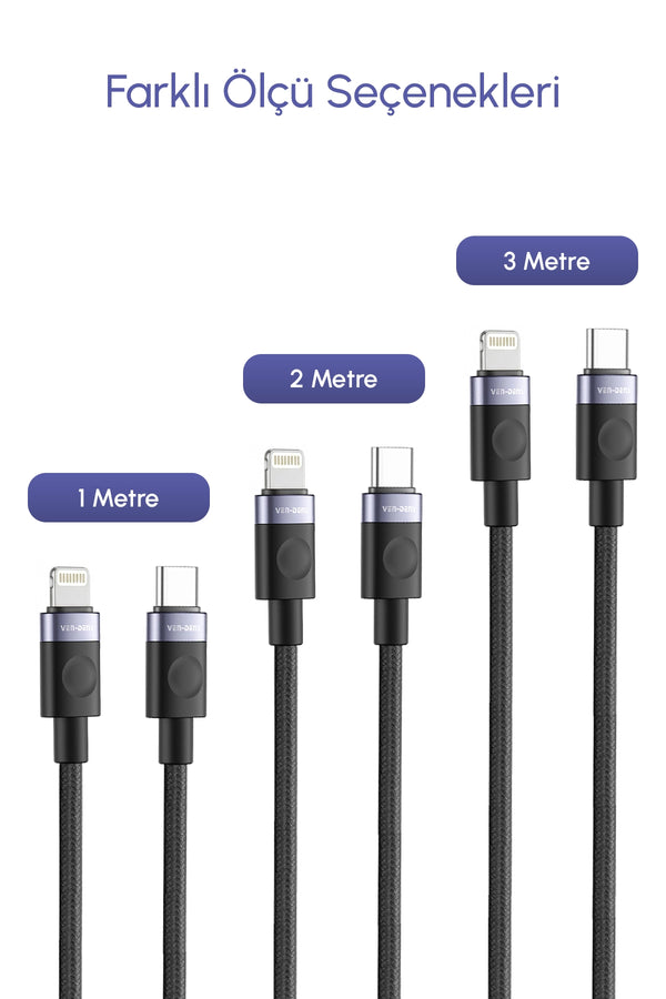 Vendens VD-DCM04 27W Lightning Hızlı Şarj Kablosu, MFi Sertifikalı, Örgülü, iPhone Uyumlu