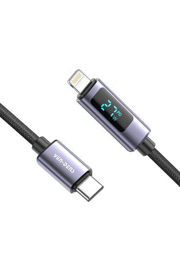 Vendens VD-DCN04 Dijital Göstergeli 27W Type-C to Lightning Hızlı Şarj Kablosu, 1 Metre