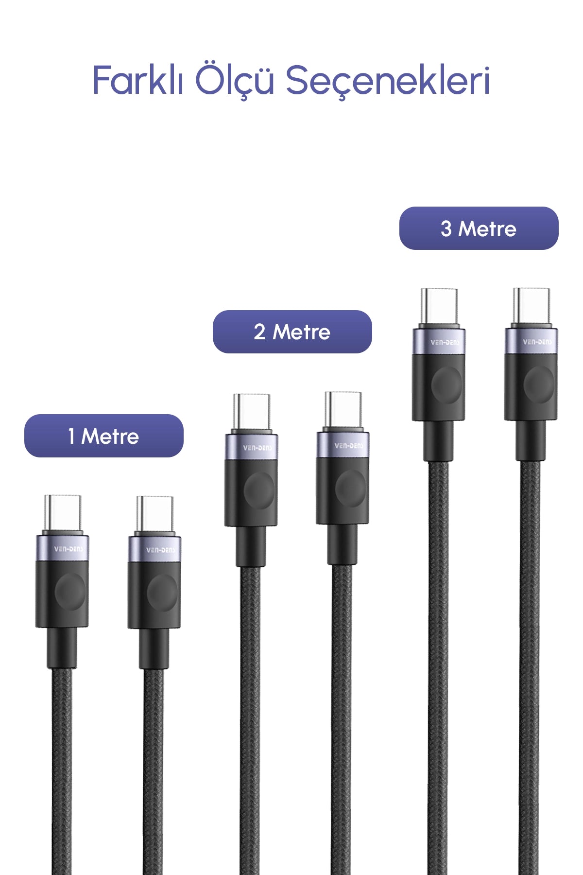 Vendens VD-DCM05 USB-C'den USB-C'ye Örgülü 60W Hızlı Şarj Destekli Type C Kablo 1m, 2m, 3m