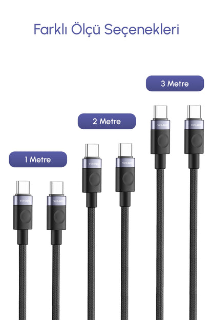 Vendens VD-DCM05 USB-C'den USB-C'ye Örgülü 60W Hızlı Şarj Destekli Type C Kablo 1m, 2m, 3m