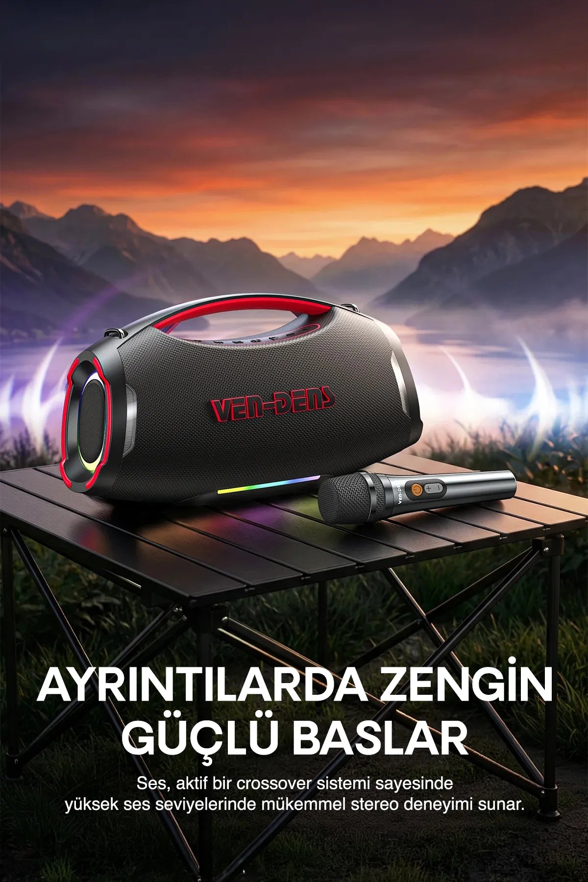 Vendens VD-SPK027S Taşınabilir Bluetooth Hoparlör, 12000mAh Pil, Kablosuz Mikrofonlu, 20 Saat Kullanım, Bluetooth 5.3, Parti ve Karaoke Ses Sistemi