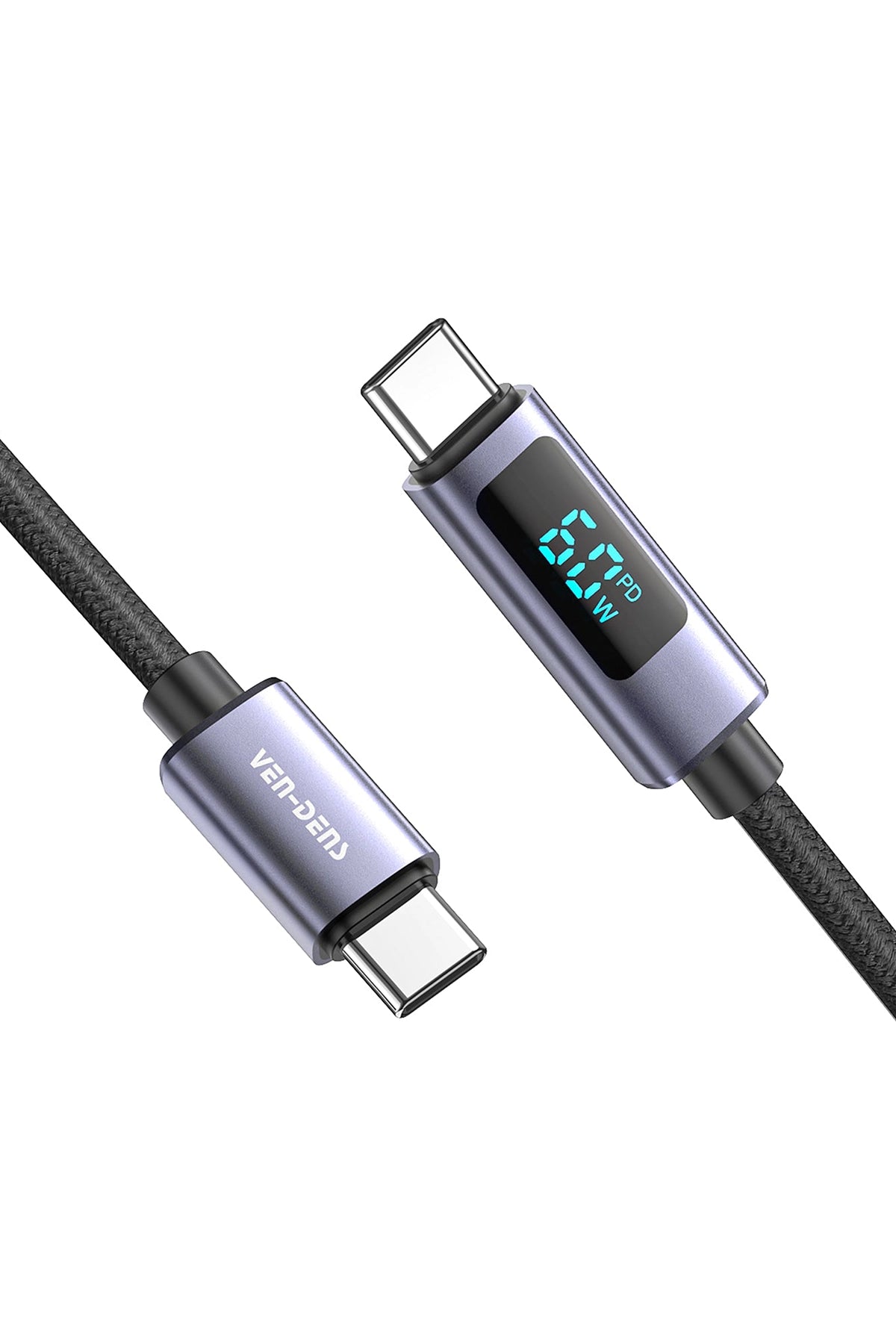 Vendens VD-DCN05 USB-C'den USB-C'ye 60W Dijital Ekranlı Örgülü Type C Hızlı Şarj Kablosu 1.2m