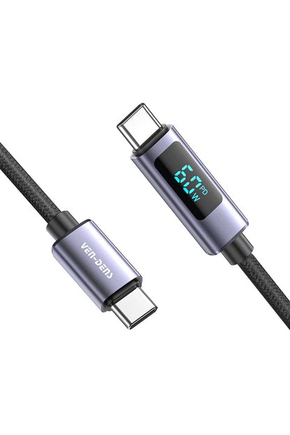 Vendens VD-DCN05 USB-C'den USB-C'ye 60W Dijital Ekranlı Örgülü Type C Hızlı Şarj Kablosu 1.2m