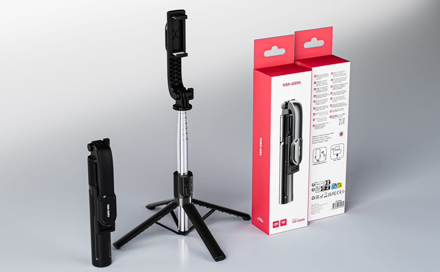 Vendens Bluetooth Selfie Stick Tripod 360° Dönebilen Uzatılabilir - Siyah