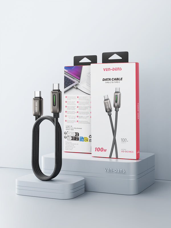 Vendens DC14CC Type-C to Type-C 100W PD Hızlı Şarj ve Data Kablosu, Çinko Alaşım Örgü, 1 Metre