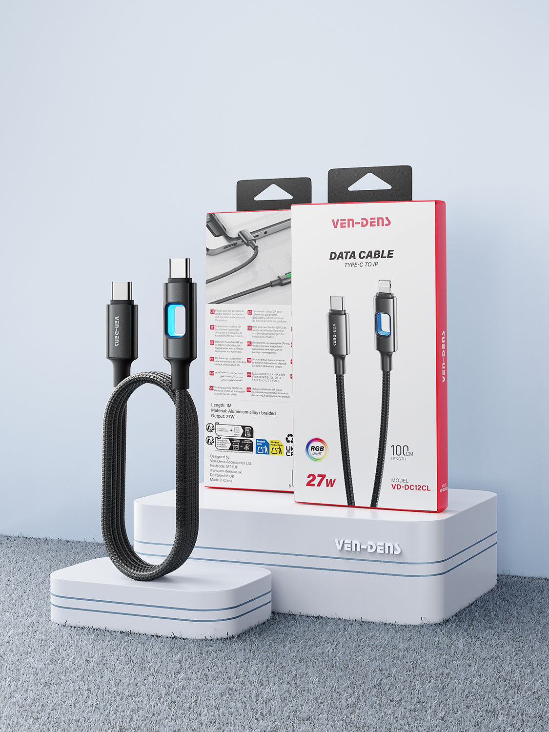 Vendens VD-DC12CC Type-C to Type-C 60W PD Hızlı Şarj ve Data Kablosu - 1 Metre Alüminyum Örgülü