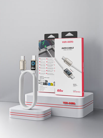 Vendens DC11CC Type-C to Type-C 60W PD Hızlı Şarj ve Data Kablosu - 1 Metre, Çinko Alaşım Örgülü