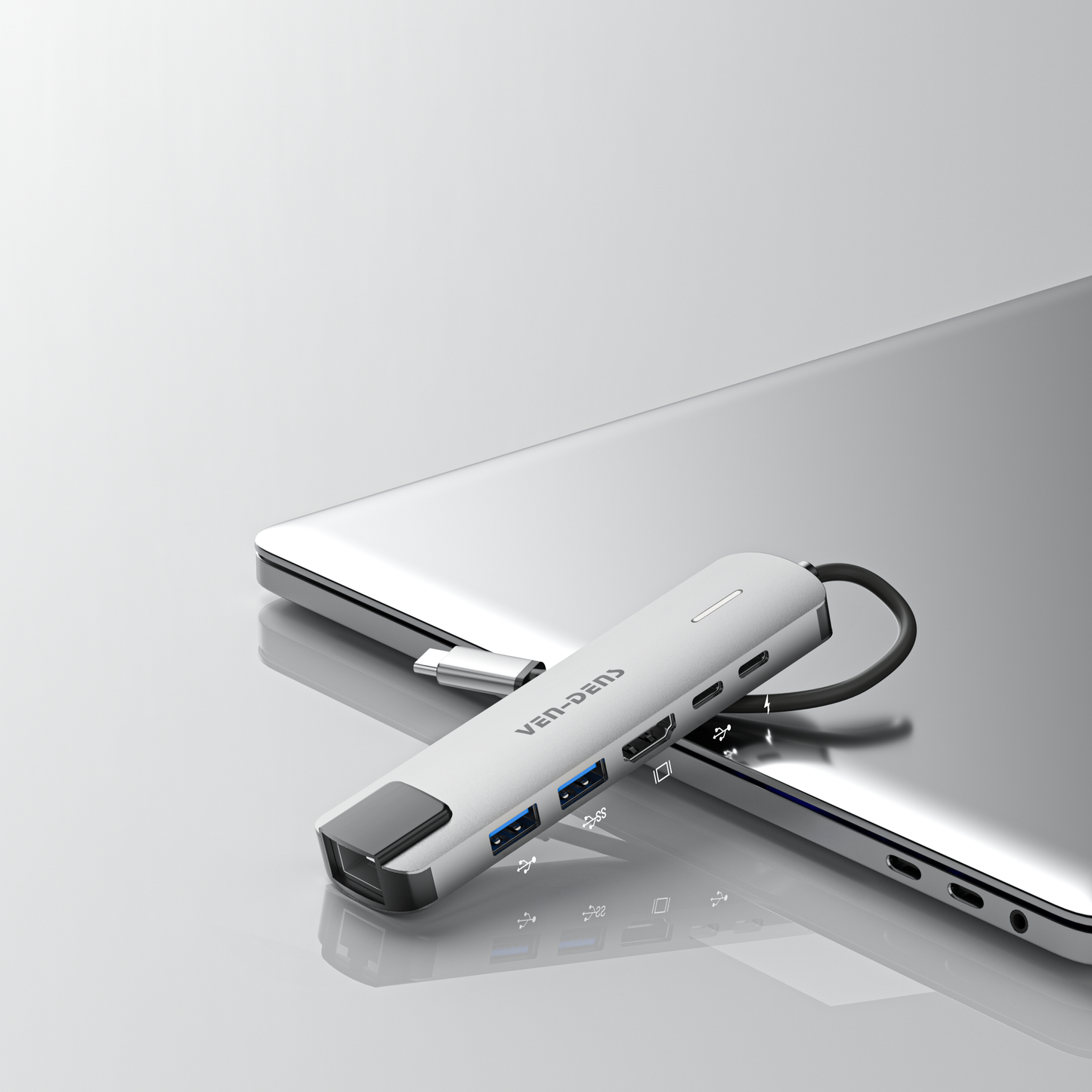Vendens 6'sı 1 Arada USB-C Hub Adaptörü – HDMI, USB 3.0, PD 90W Hızlı Şarj, RJ45 Ethernet