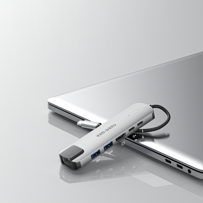 Vendens 6'sı 1 Arada USB-C Hub Adaptörü – HDMI, USB 3.0, PD 90W Hızlı Şarj, RJ45 Ethernet