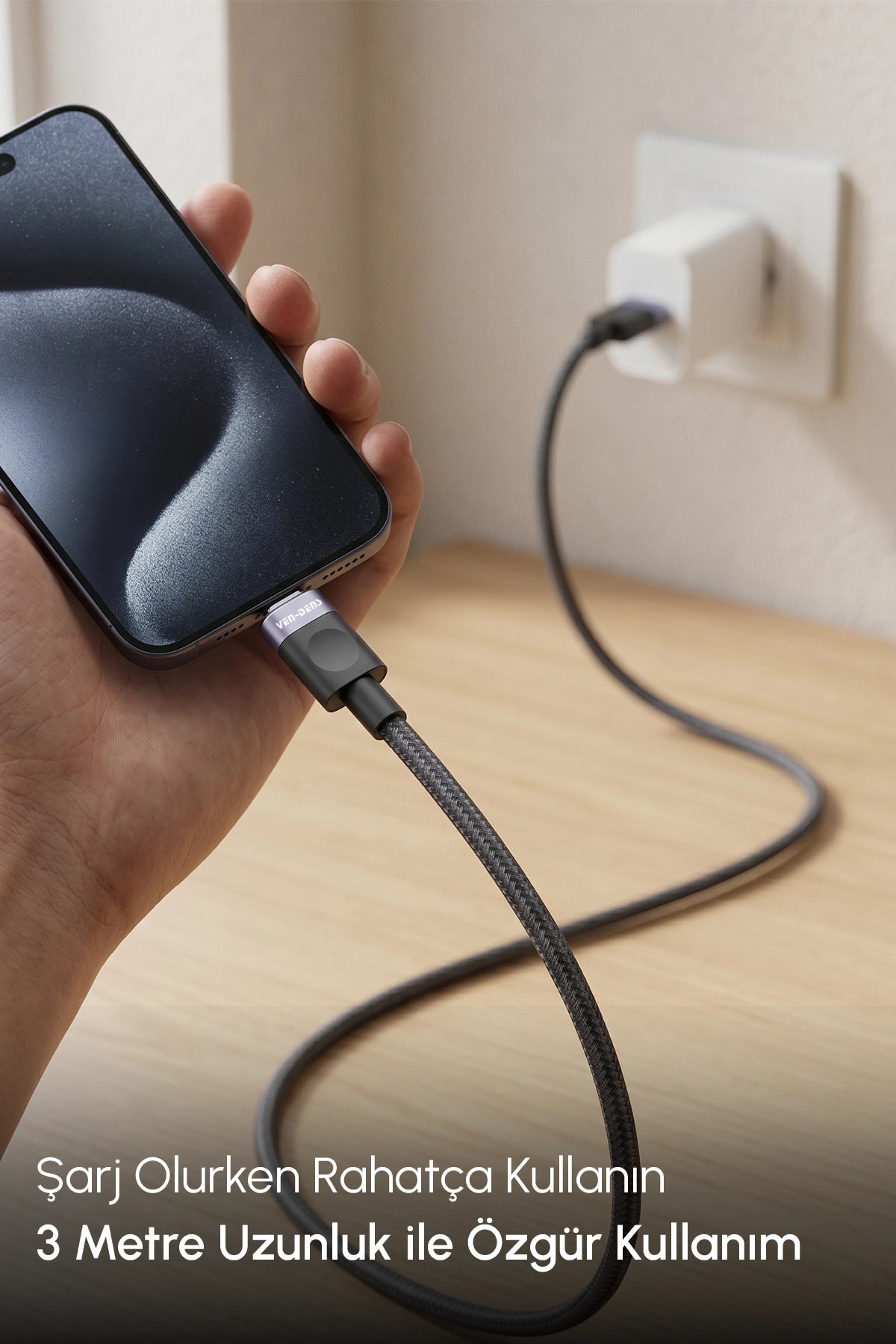 Vendens VD-DCM03 USB-A'dan USB-C'ye Örgülü 18W Type C Şarj Kablosu 1m, 2m, 3m