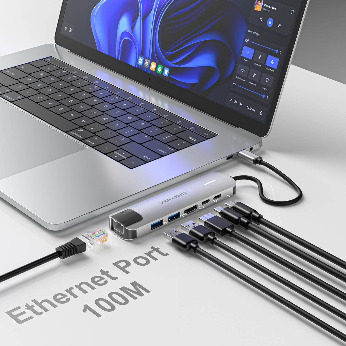 Vendens 6'sı 1 Arada USB-C Hub Adaptörü – HDMI, USB 3.0, PD 90W Hızlı Şarj, RJ45 Ethernet