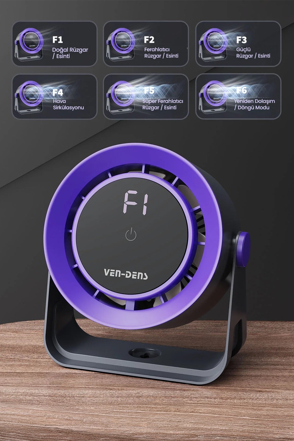 Vendens VD-FAN006 1800mAh Masaüstü Fan, Type-C Şarjlı, Fırçasız Motor, 8-10 Saat Kullanım