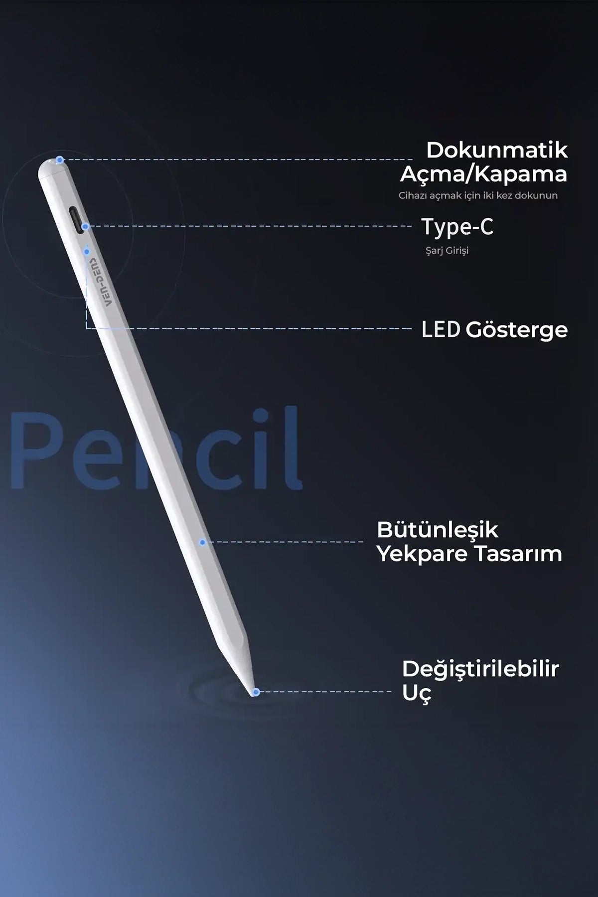 Vendens VD-SP004 Metal Stylus Kalem, iPad ve Android Uyumlu, Manyetik, Type-C Şarj, 10 Saat Kullanım