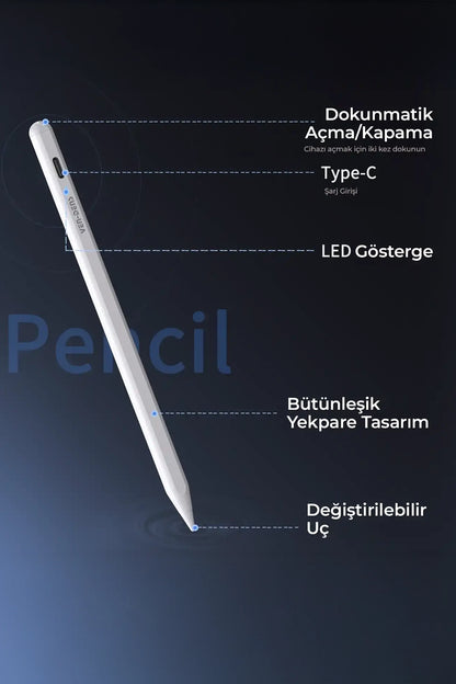 Vendens VD-SP004 Metal Stylus Kalem, iPad ve Android Uyumlu, Manyetik, Type-C Şarj, 10 Saat Kullanım