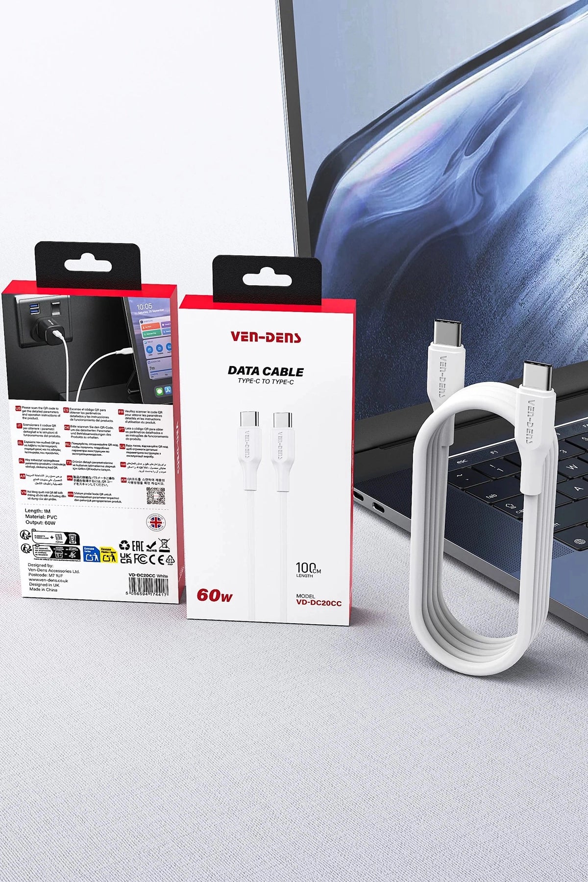 Vendens VD-DC21CC 60W USB-C to USB-C Nylon Örgülü Hızlı Şarj ve Veri Kablosu 1.2m