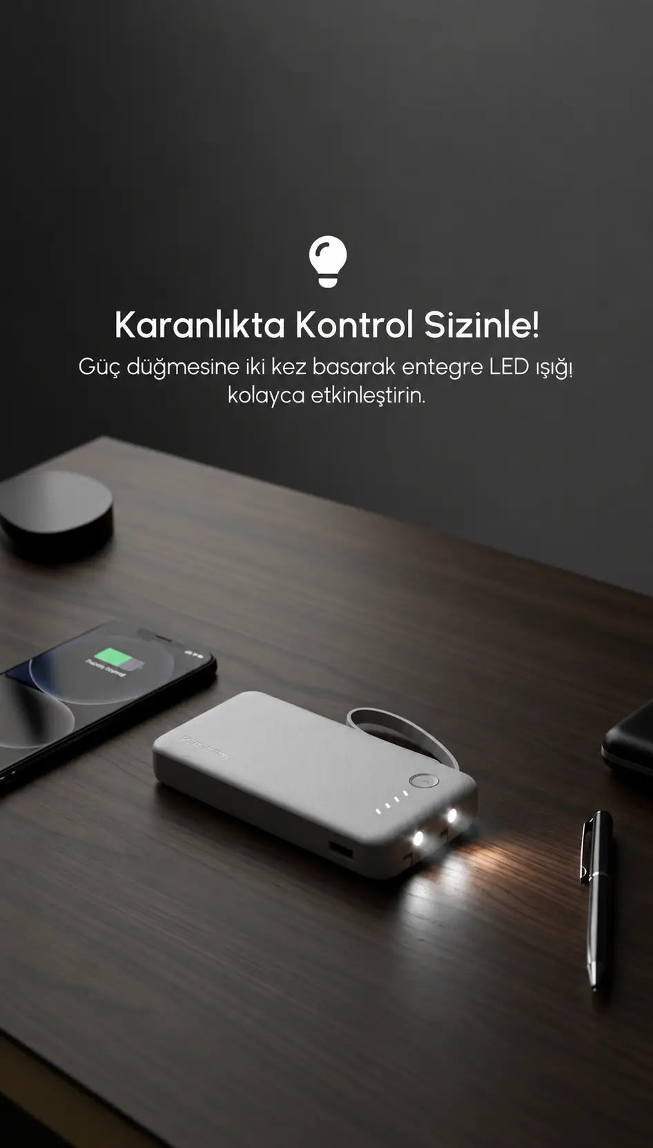 Vendens VD-PB058 Dahili 4 Kablolu 10000mAh  Işıklı Göstergeli LED El Fenerli Powerbank Tüm Telefonlarla Uyumlu