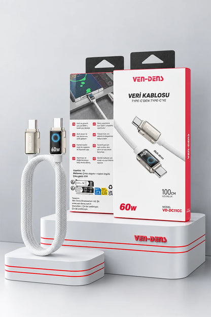 Vendens DC11CC Type-C to Type-C 60W PD Hızlı Şarj ve Data Kablosu - 1 Metre, Çinko Alaşım Örgülü