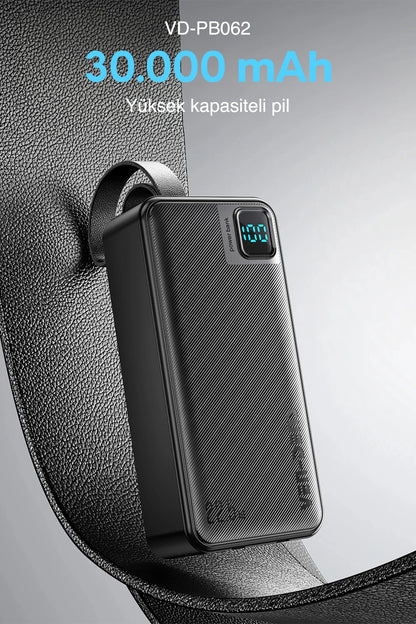 Vendens VD-PB062 30000mAh 22.5 What Hızlı Şarj Powerbank, Dahili Type-C ve Lightning Kablo