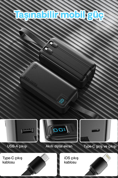 Vendens VD-PB062 30000mAh 22.5 What Hızlı Şarj Powerbank, Dahili Type-C ve Lightning Kablo